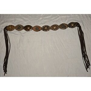 Leatherock studded leather medallion belt with fringe, Made In USA Boho Western